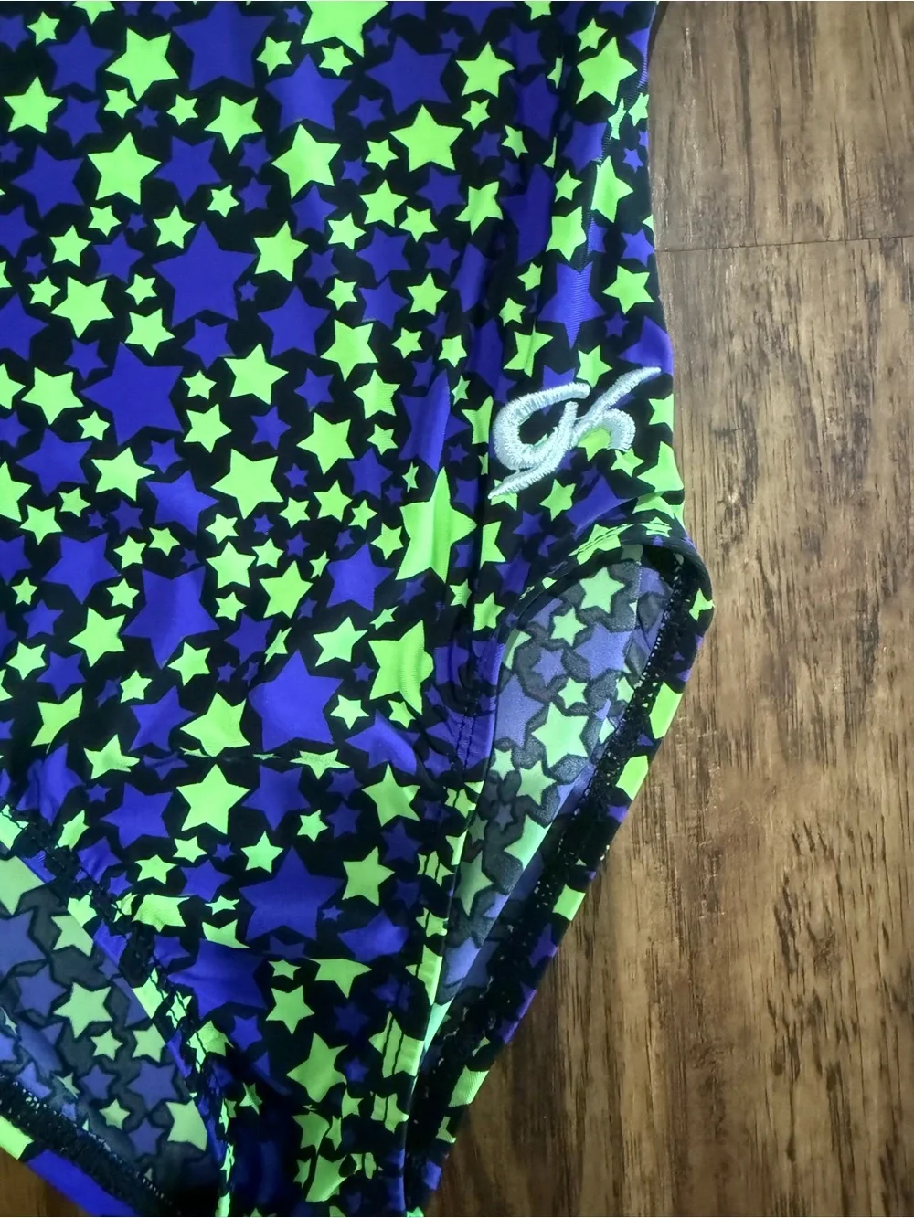Girls' Neon Green & Blue Star-Print One-Piece Gymnastics Leotard with Scrunchie